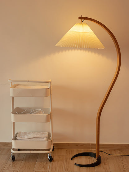 Arbora Arc floor lamp with beech wood arc and pleated cream shade plug-in living room lamp on Tampa Home & Garden Store