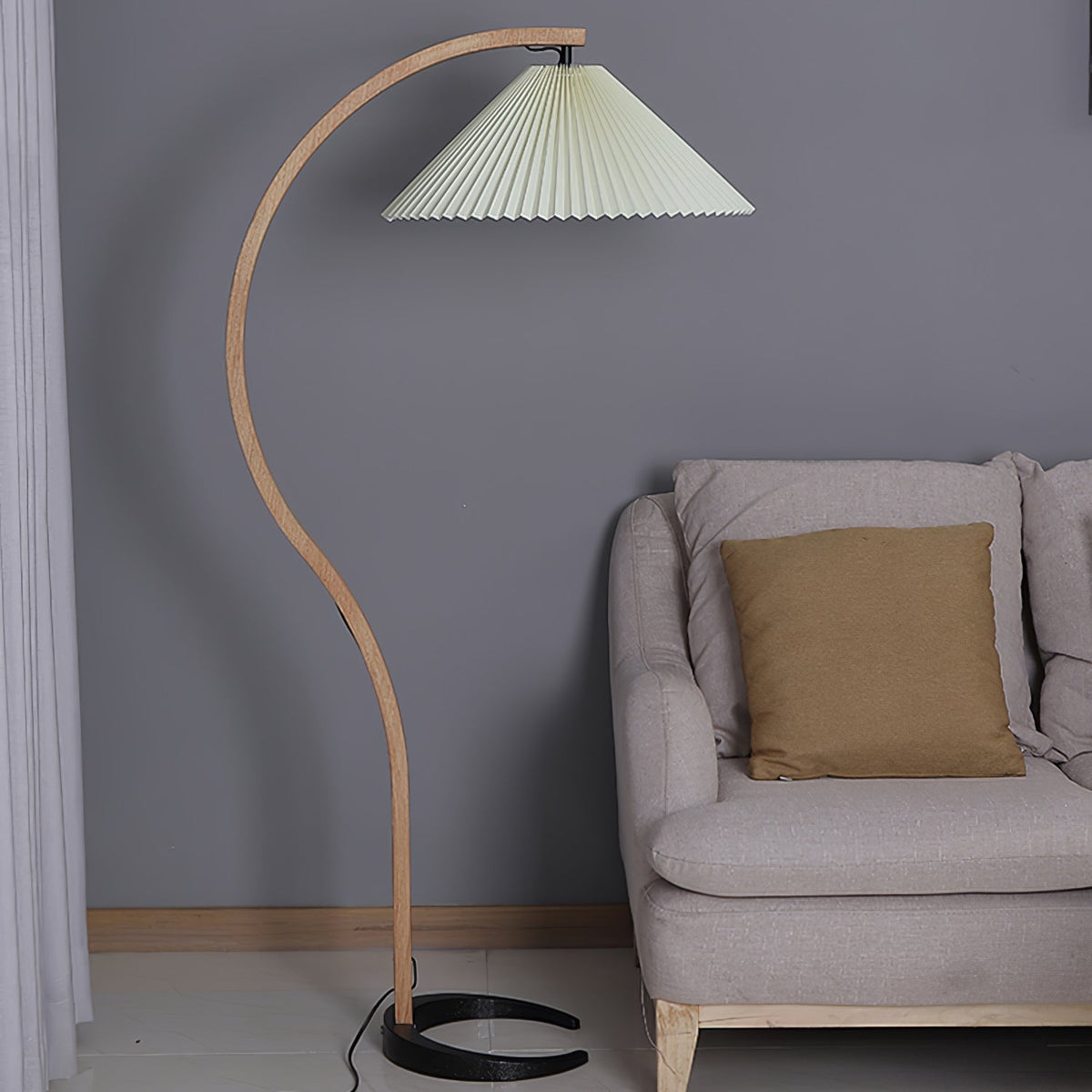 Arbora Arc Floor Lamp in beech wood with pleated ivory shade, plug-in by Moktan Sabai on Tampa Home & Garden Store