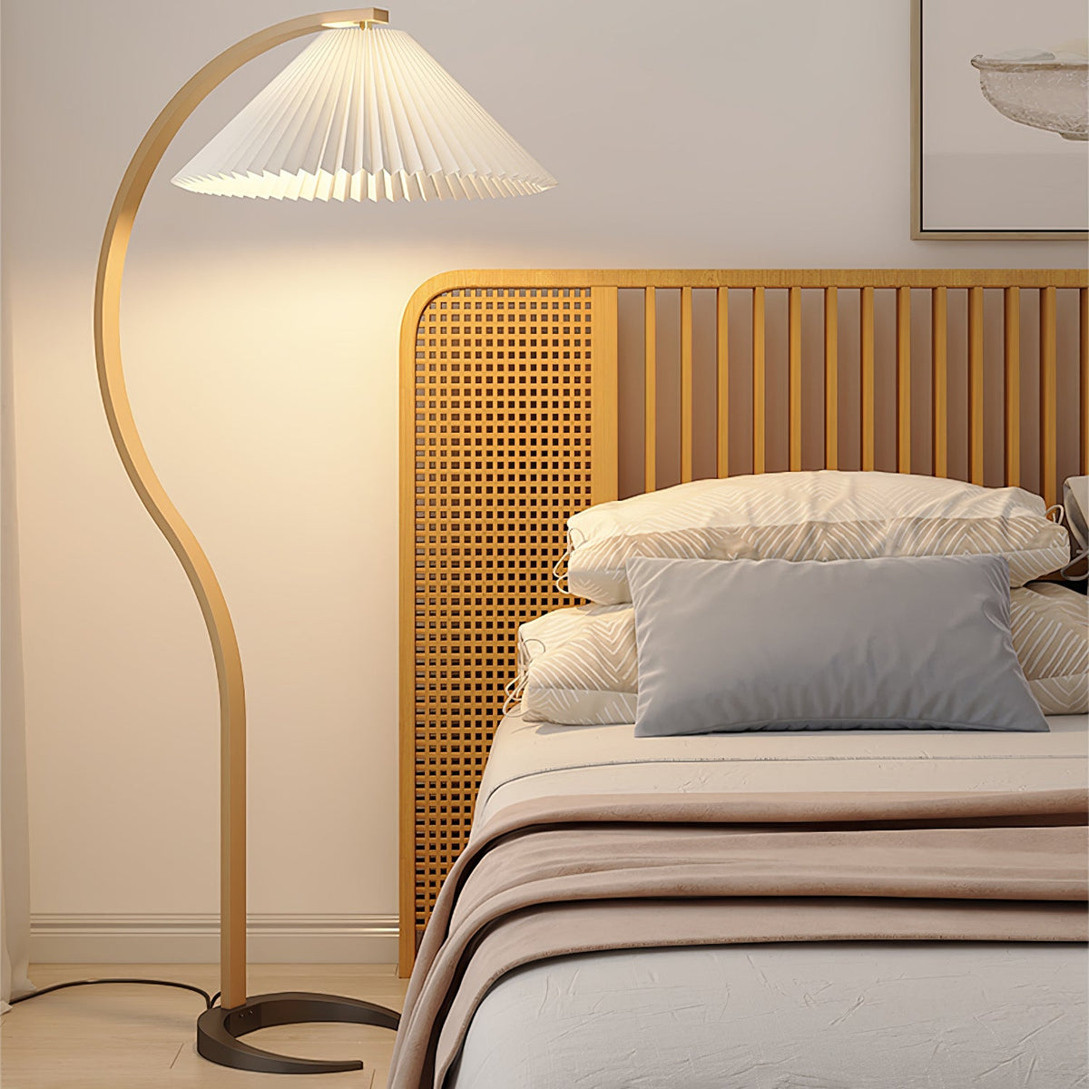 Arbora Arc Floor Lamp by Moktan Sabai with beech wood arc and white pleated shade on Tampa Home & Garden Store