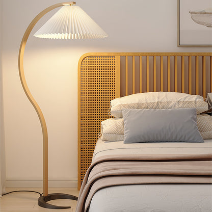 Arbora Arc Floor Lamp by Moktan Sabai with beech wood arc and white pleated shade on Tampa Home & Garden Store