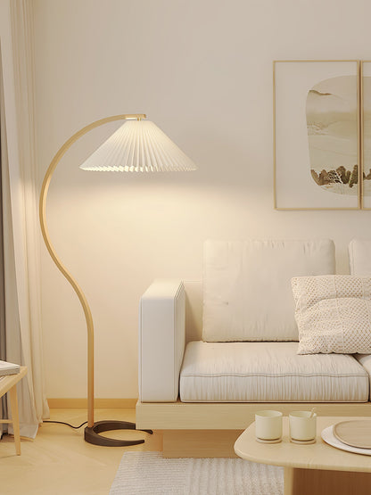 Arbora Arc Floor Lamp in beech wood with pleated shade Moktan Sabai plug-in lighting on Tampa Home & Garden Store