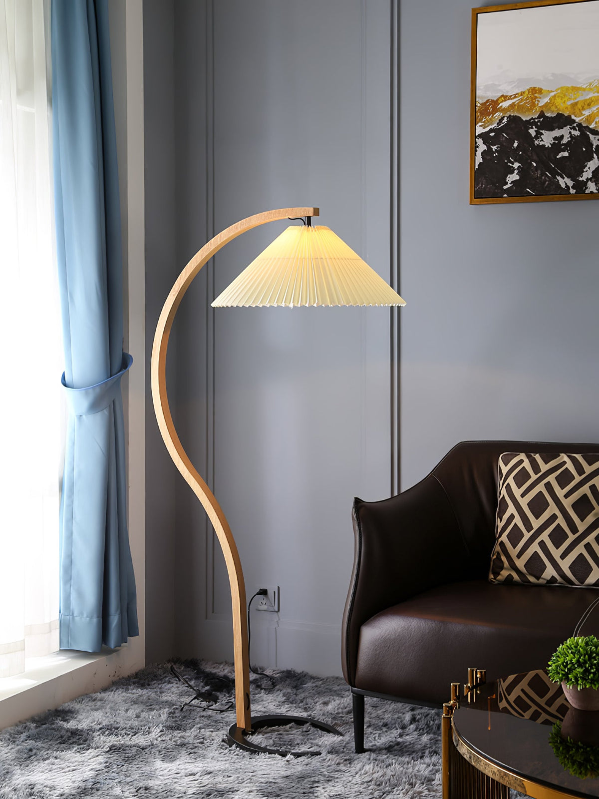 Arbora arc floor lamp in beech wood with pleated cream shade, plug-in living room lighting on Tampa Home & Garden Store