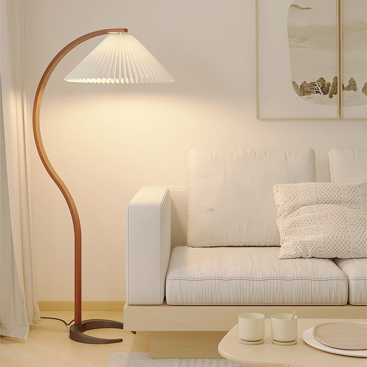 Arbora arc floor lamp in beech wood with pleated white shade by Moktan Sabai on Tampa Home & Garden Store