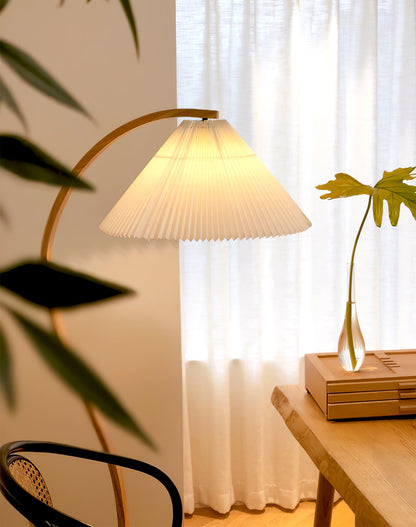 Arbora Arc floor lamp in beech wood with pleated shade plug-in living room light on table on Tampa Home & Garden Store