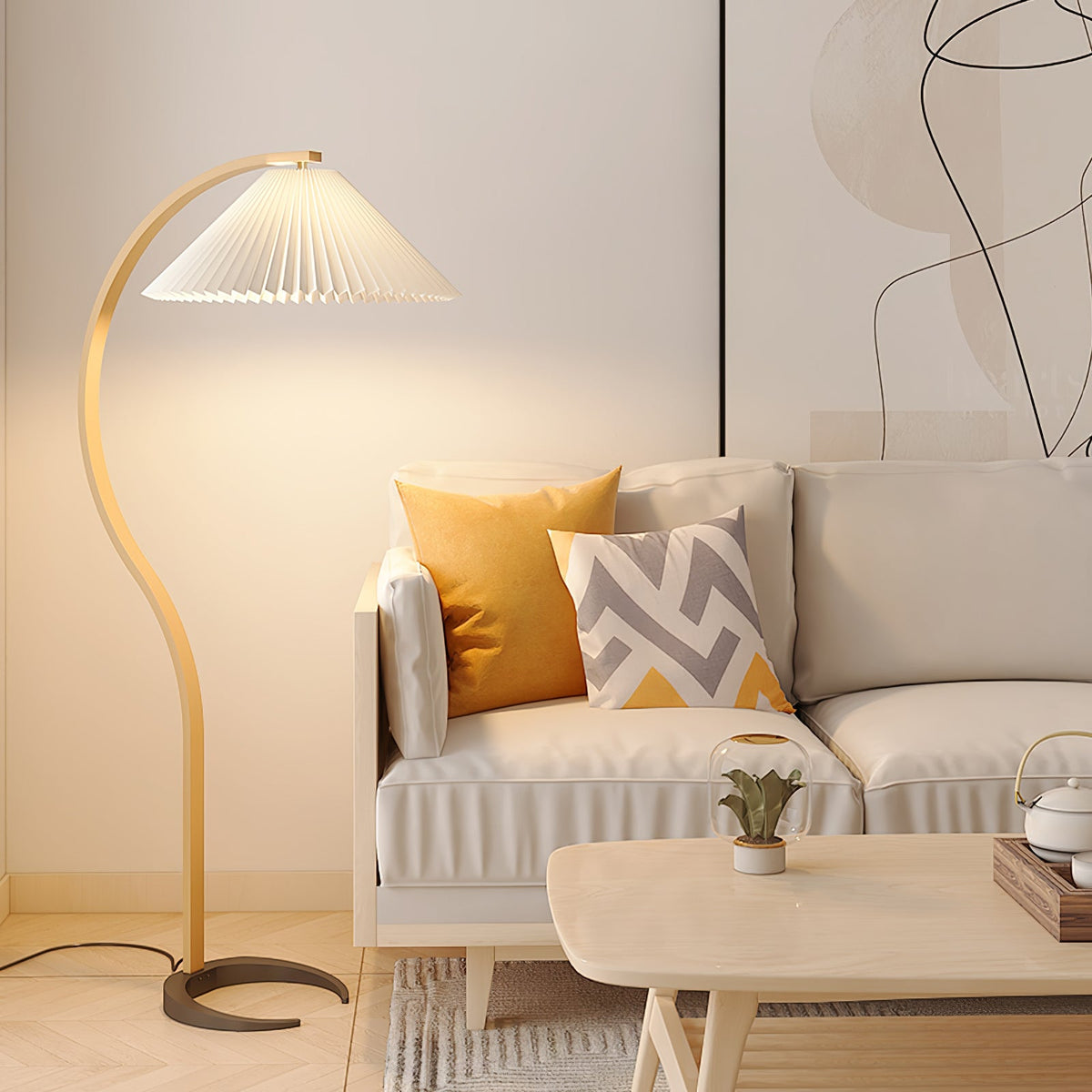 Arbora Arc floor lamp by Moktan Sabai in beech wood with pleated shade, plug-in on Tampa Home & Garden Store