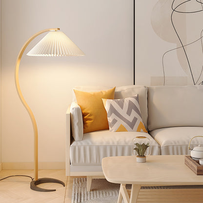 Arbora Arc floor lamp by Moktan Sabai in beech wood with pleated shade, plug-in on Tampa Home & Garden Store