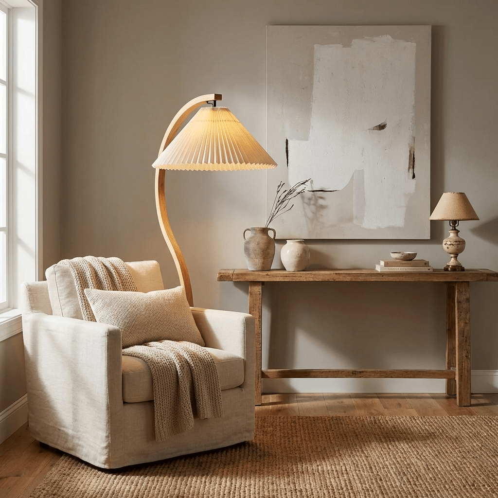 Arbora Arc floor lamp by Moktan Sabai, beech wood arc with pleated shade in living room on Tampa Home & Garden Store