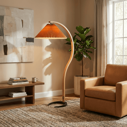 Arbora Arc Floor Lamp with beech wood curved stem and orange pleated shade on Tampa Home & Garden Store