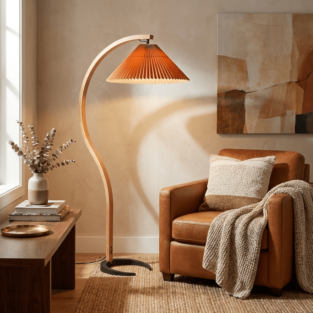Arbora Arc floor lamp in beech wood with pleated shade, Moktan Sabai plug-in lamp on Tampa Home & Garden Store