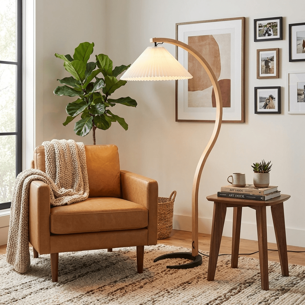 Arbora Arc floor lamp in beech wood with a pleated beige shade, plug-in living room lamp on Tampa Home & Garden Store