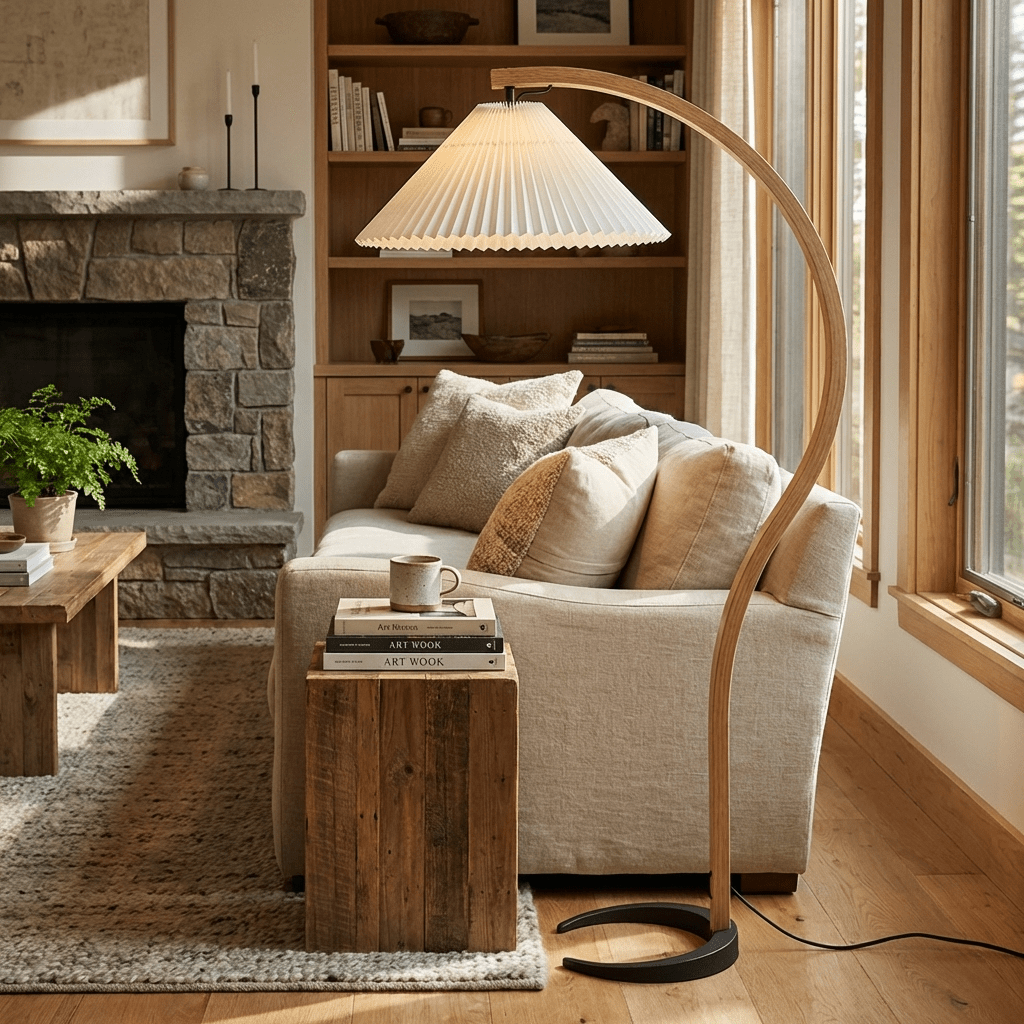 Arbora Arc floor lamp by Moktan Sabai with beech wood arc and pleated shade for living room on Tampa Home & Garden Store