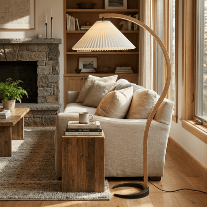 Arbora Arc floor lamp by Moktan Sabai with beech wood arc and pleated shade for living room on Tampa Home & Garden Store