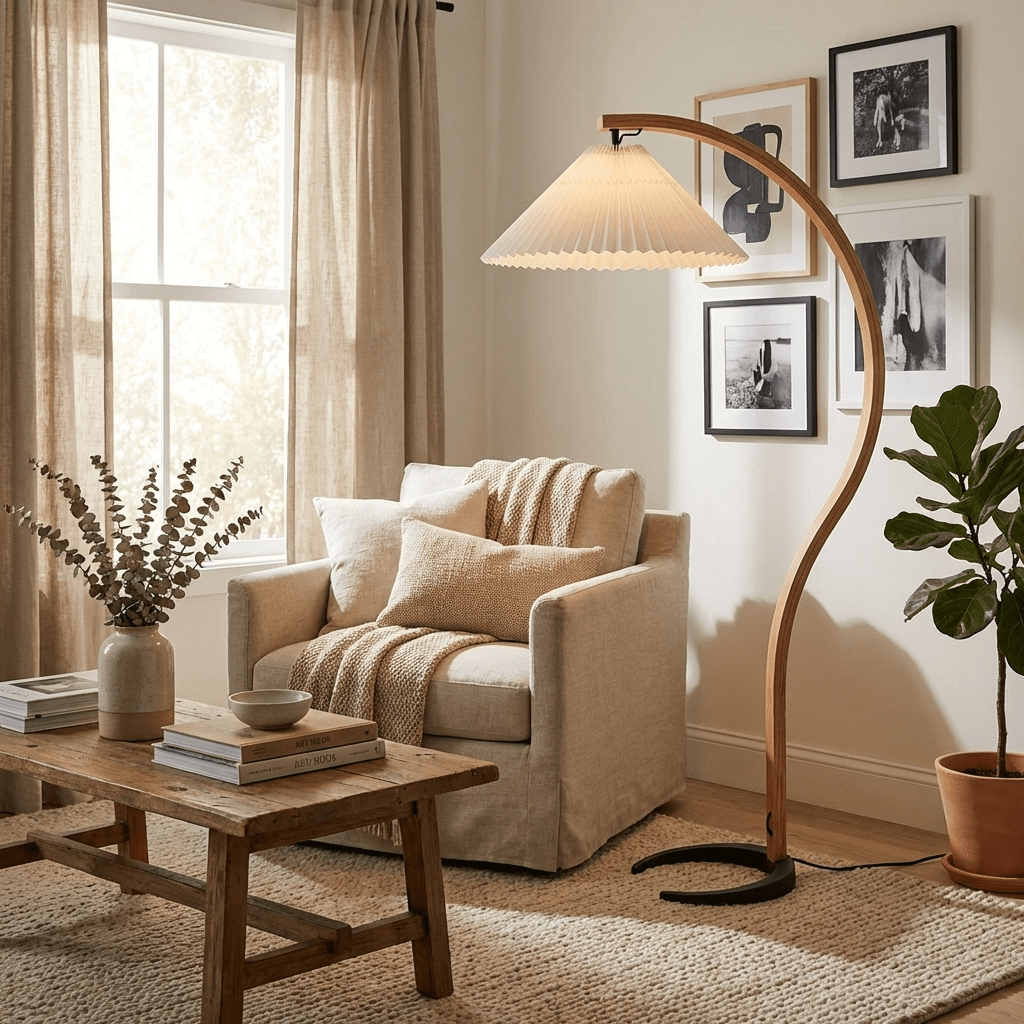 Arbora Arc Floor Lamp by Moktan Sabai with beech wood arc and pleated shade in living room on Tampa Home & Garden Store