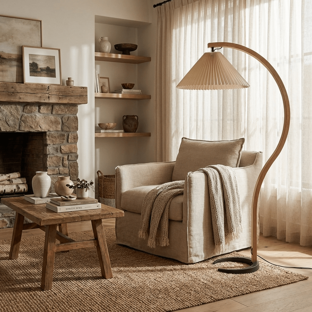Arbora Arc floor lamp beech wood curved arc with pleated beige shade, plug-in living room lighting Moktan Sabai on Tampa Home & Garden Store