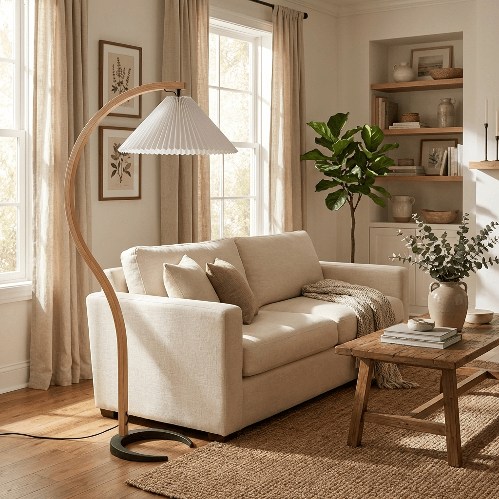 Arbora Arc Floor Lamp Moktan Sabai, plug-in beech wood arc with pleated shade in living room on Tampa Home & Garden Store