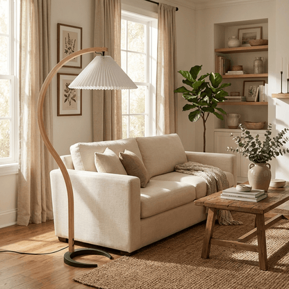 Arbora Arc Floor Lamp Moktan Sabai, plug-in beech wood arc with pleated shade in living room on Tampa Home & Garden Store