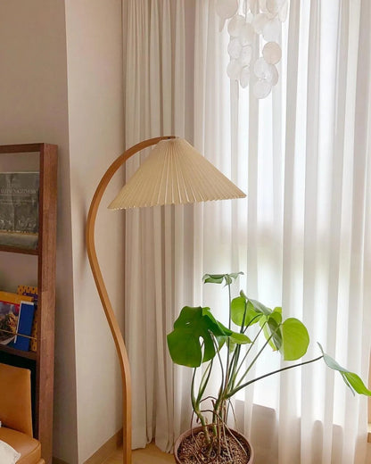 Arbora Arc floor lamp in beech wood with plug-in, pleated beige shade by Moktan Sabai on Tampa Home & Garden Store