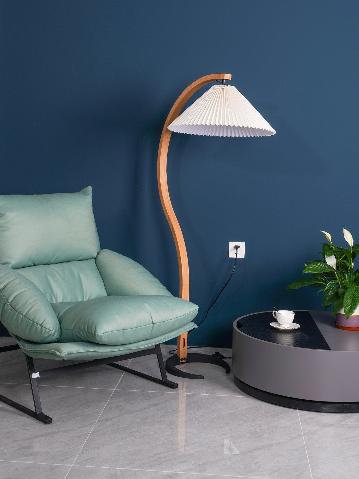 Arbora arc floor lamp with beech wood curved arm and white pleated shade plug-in light on Tampa Home & Garden Store