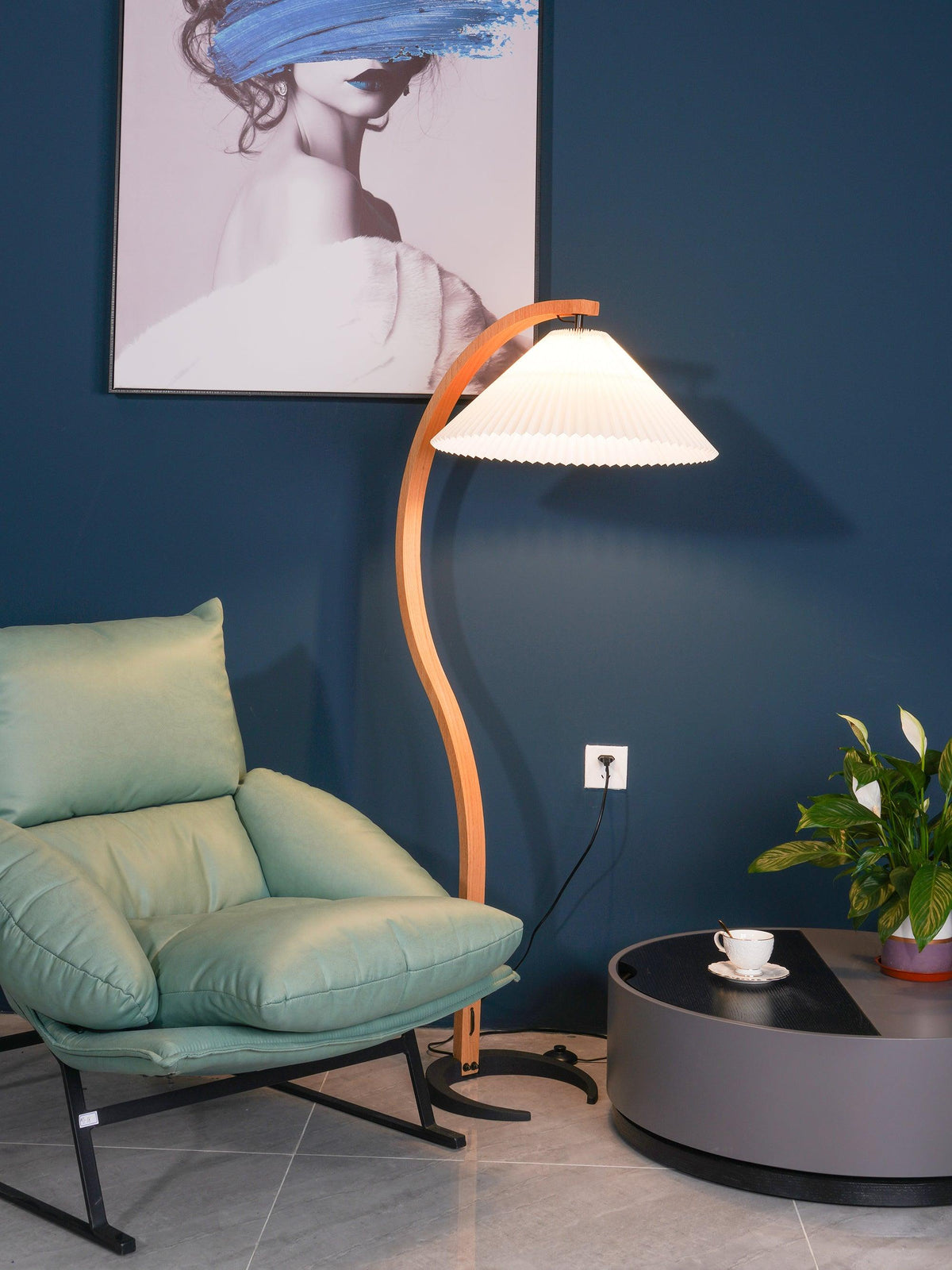 Arc floor lamp in beech wood with a white pleated shade, plug-in for living rooms on Tampa Home & Garden Store