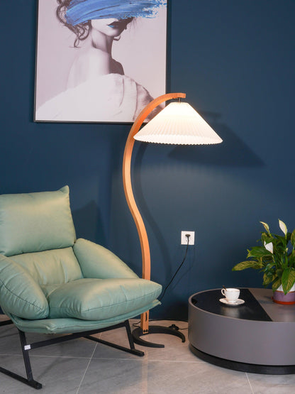 Arc floor lamp in beech wood with a white pleated shade, plug-in for living rooms on Tampa Home & Garden Store
