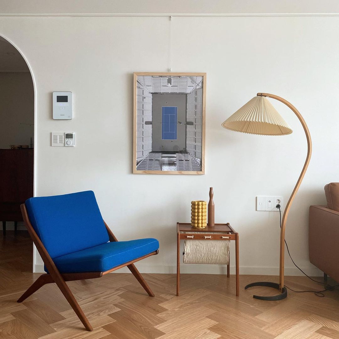 Arbora Arc floor lamp with beech wood arc and pleated shade, plug-in living room light on Tampa Home & Garden Store