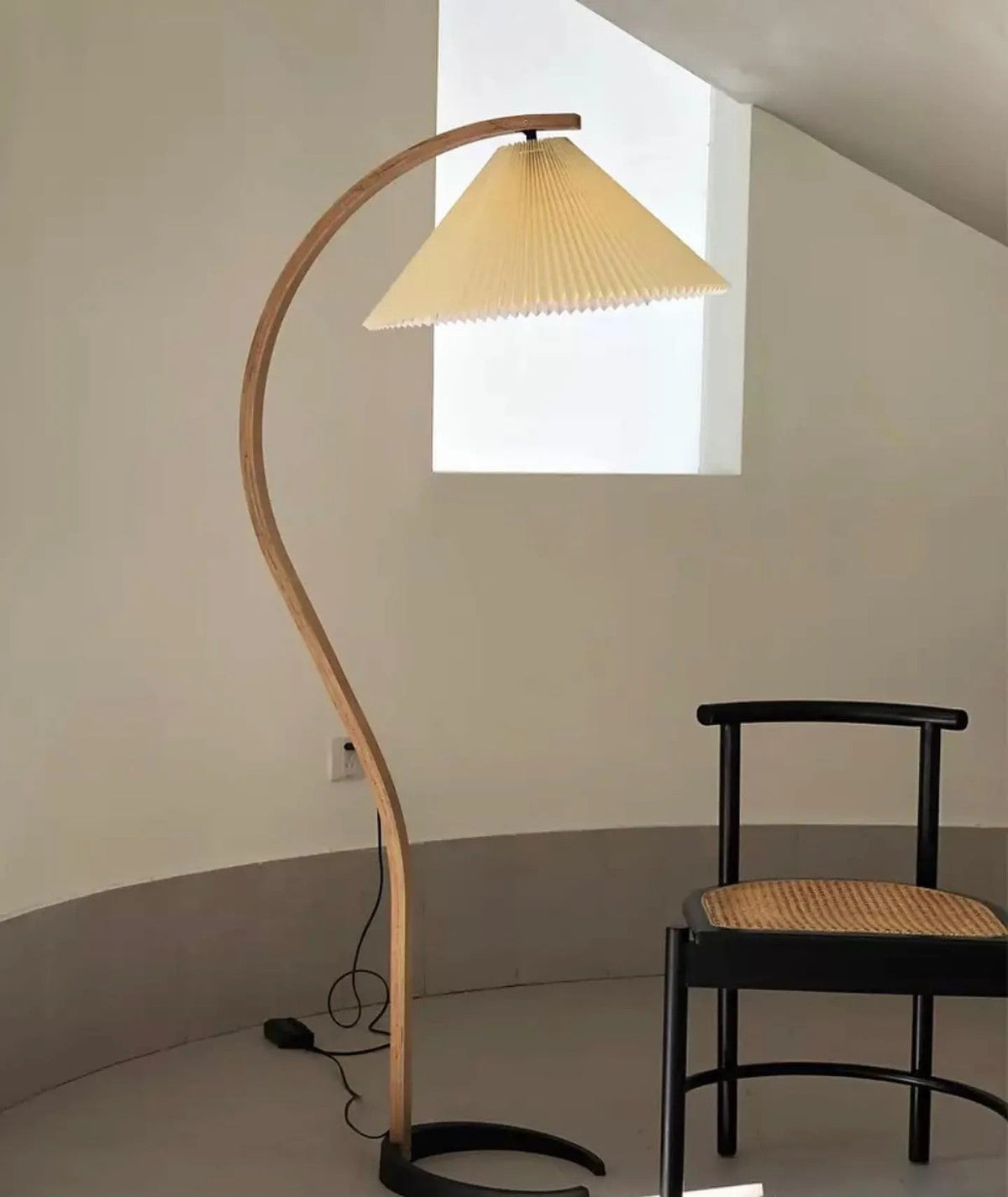 Arbora Arc floor lamp in beech wood with a pleated cream shade by Moktan Sabai on Tampa Home & Garden Store