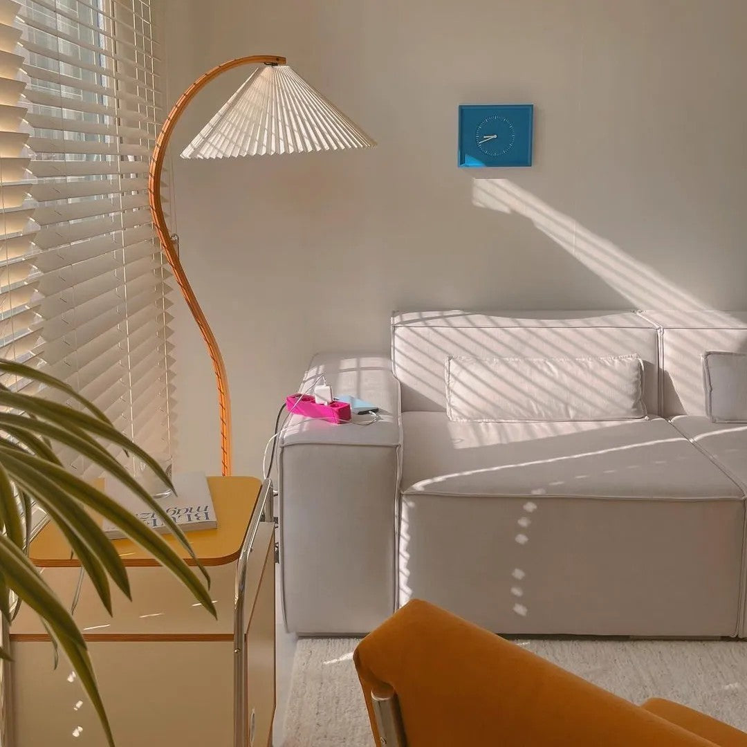Arbora Arc floor lamp in beech wood with pleated white shade, plug-in living room lighting on Tampa Home & Garden Store