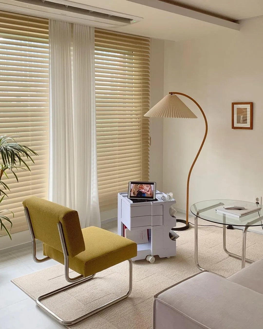 Arbora Arc floor lamp in beech wood with a pleated beige shade, plug-in living room lamp on Tampa Home & Garden Store