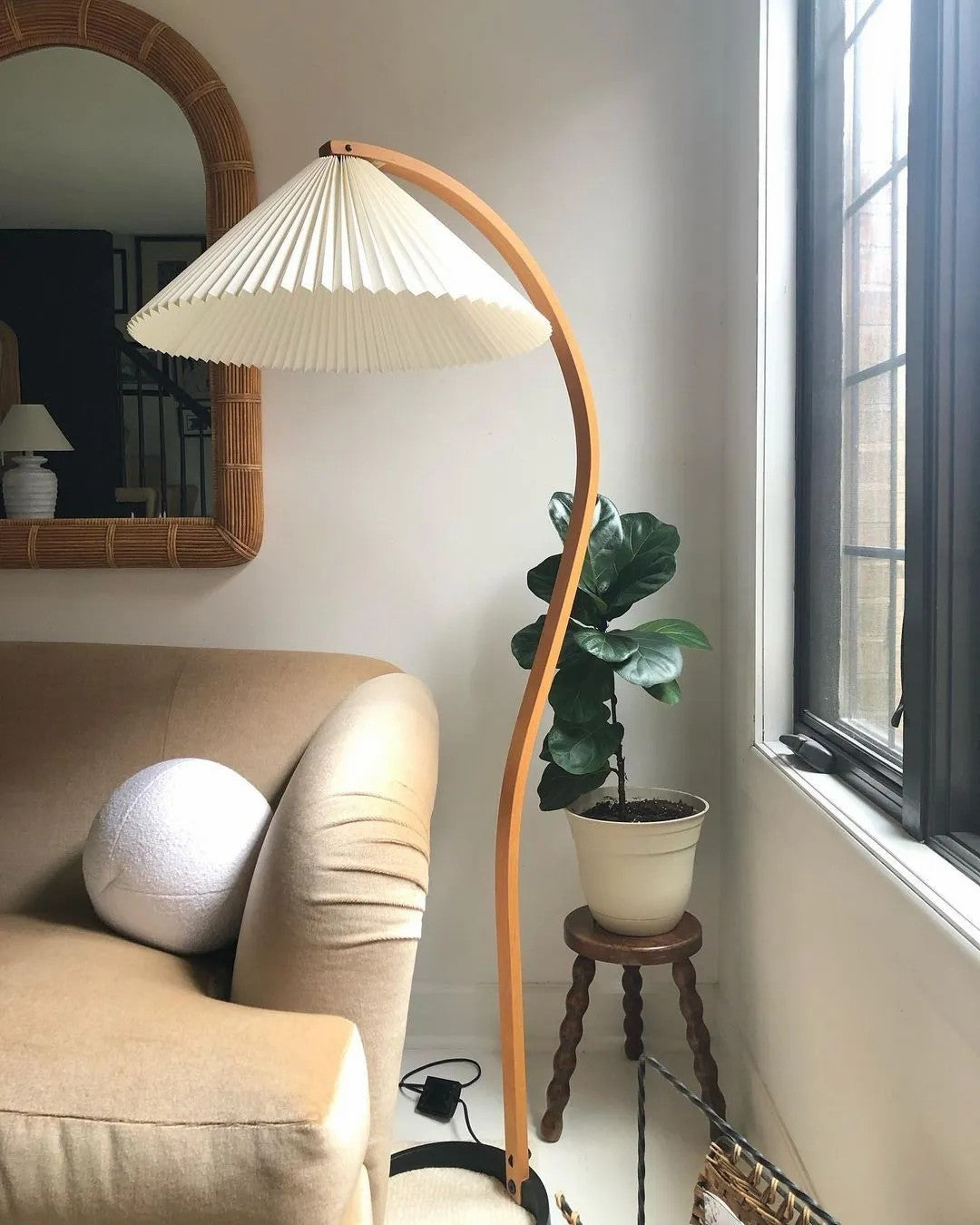 Arbora Arc Floor Lamp in beech wood with pleated white shade by Moktan Sabai on Tampa Home & Garden Store