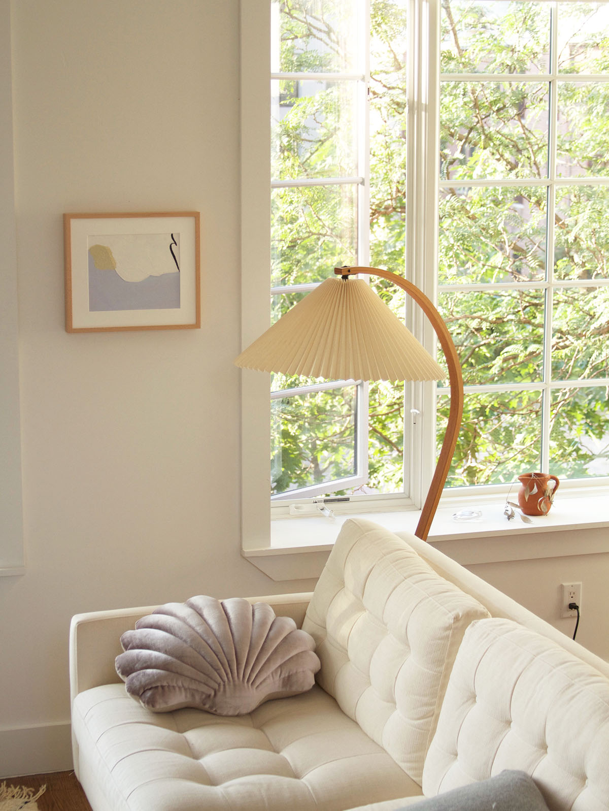 Arbora Arc Floor Lamp in beech wood with pleated shade, Moktan Sabai plug-in lamp for living room on Tampa Home & Garden Store