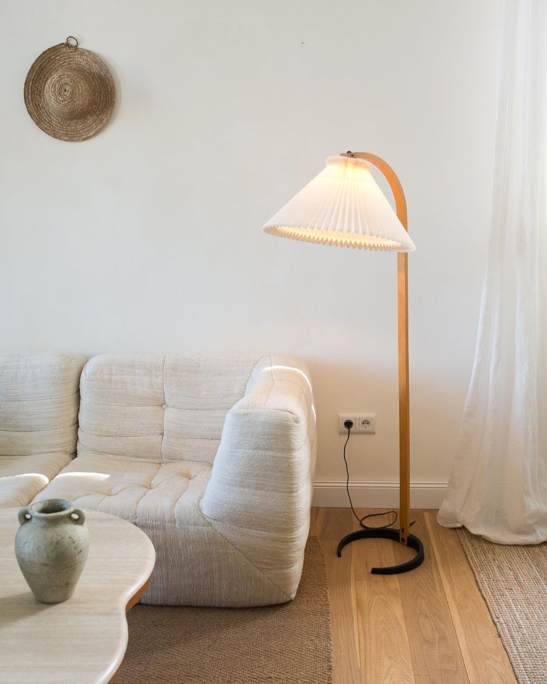 Arbora Arc Floor Lamp in beech wood with pleated white shade plug-in lamp by Moktan Sabai on Tampa Home & Garden Store
