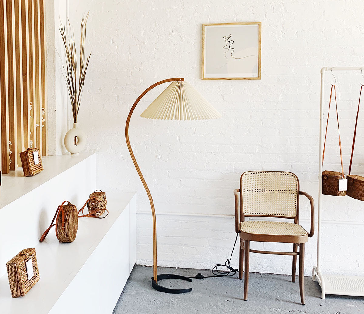 Arbora Arc Floor Lamp in beech wood with pleated shade by Moktan Sabai on Tampa Home & Garden Store