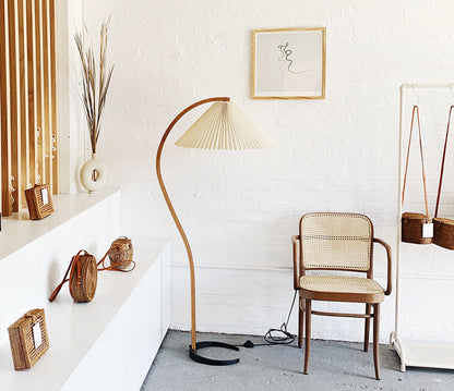 Arbora Arc Floor Lamp in beech wood with pleated shade by Moktan Sabai on Tampa Home & Garden Store