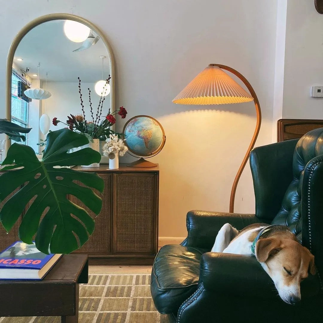 Arbora Arc floor lamp in beech wood with a pleated shade, plug-in living room light on Tampa Home & Garden Store