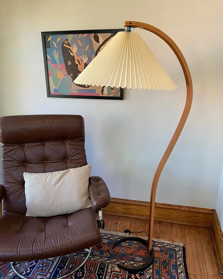 Arbora Arc floor lamp with curved beech wood arm and pleated shade plug-in for living room on Tampa Home & Garden Store