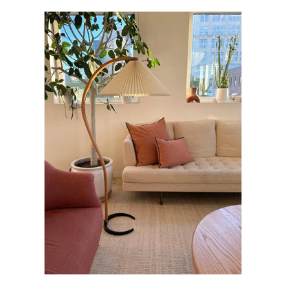 Arbora Arc Floor Lamp by Moktan Sabai, beech wood arc with pleated shade, plug-in lamp on Tampa Home & Garden Store
