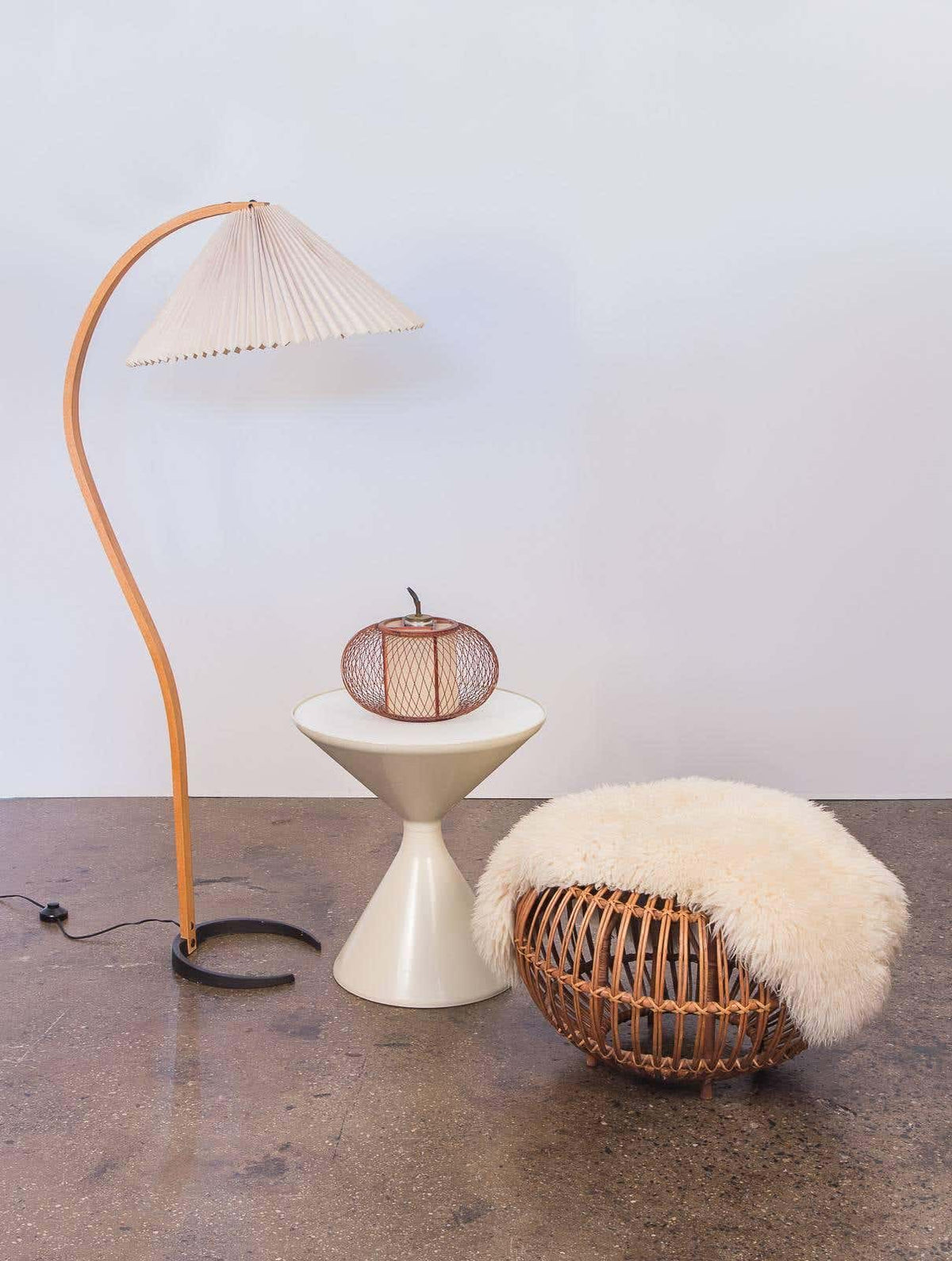 Arbora Arc Floor Lamp plug-in natural beech wood arc with ivory pleated shade by Moktan Sabai on Tampa Home & Garden Store