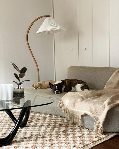 Arbora Arc floor lamp in beech wood with a white pleated shade plug-in living room lamp on Tampa Home & Garden Store