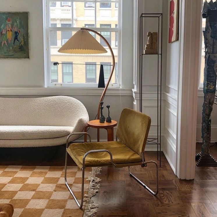 Arbora Arc floor lamp by Moktan Sabai, beech wood arc with pleated shade in living room on Tampa Home & Garden Store