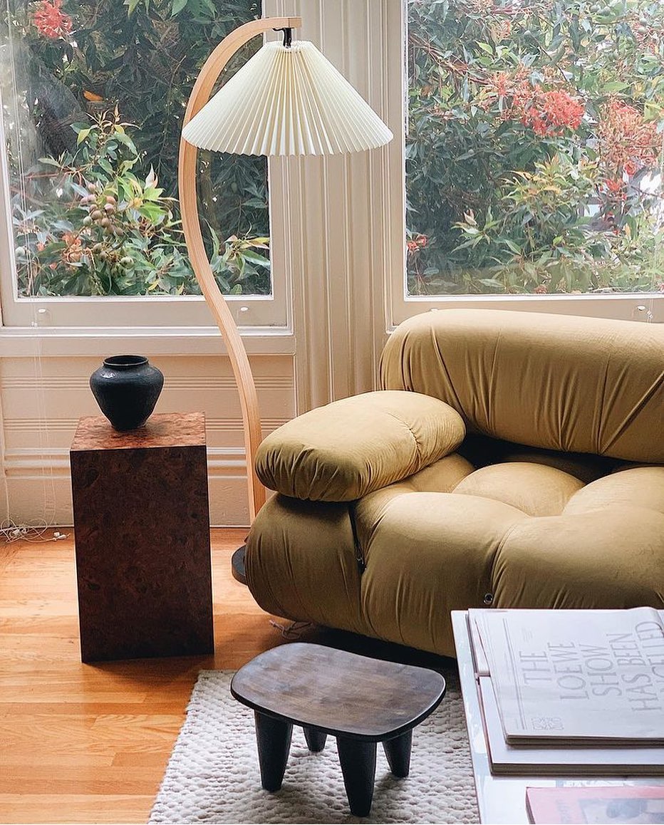 Arbora Arc floor lamp in light beech with a pleated cream shade Moktan Sabai plug-in lamp on Tampa Home & Garden Store