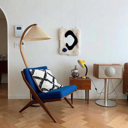 Arbora Arc Floor Lamp by Moktan Sabai with beech wood arc and pleated shade, plug-in on Tampa Home & Garden Store