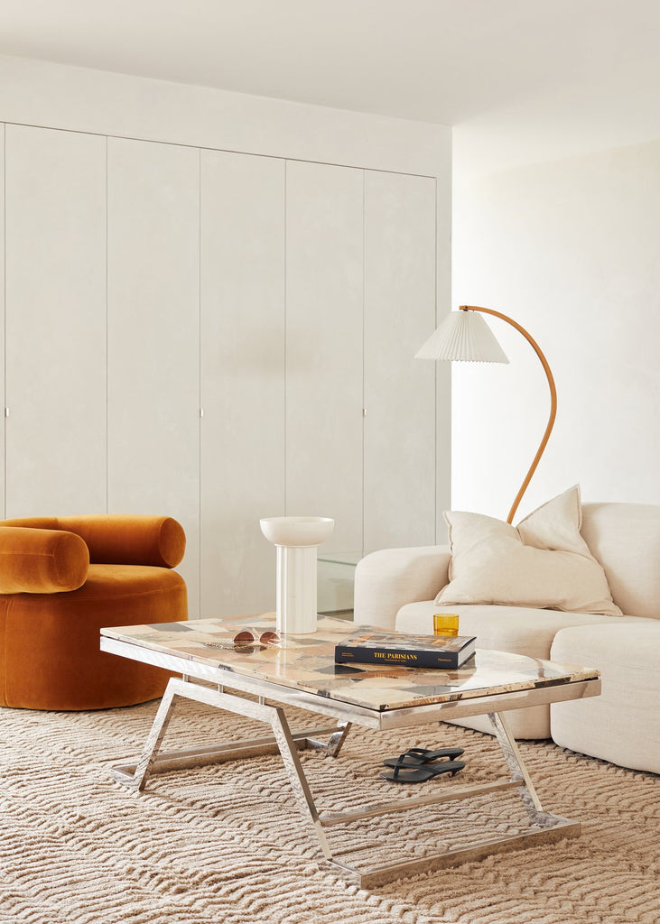Moktan Sabai Arbora arc floor lamp with beech wood arch and pleated shade in living room on Tampa Home & Garden Store