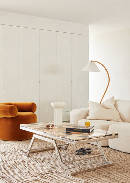 Moktan Sabai Arbora arc floor lamp with beech wood arch and pleated shade in living room on Tampa Home & Garden Store