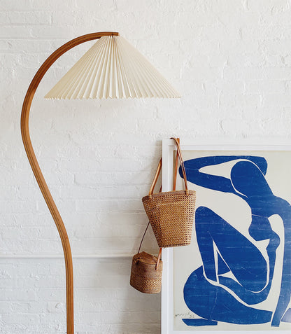 Arbora Arc Floor Lamp in beech wood with cream pleated shade Moktan Sabai plug-in design on Tampa Home & Garden Store