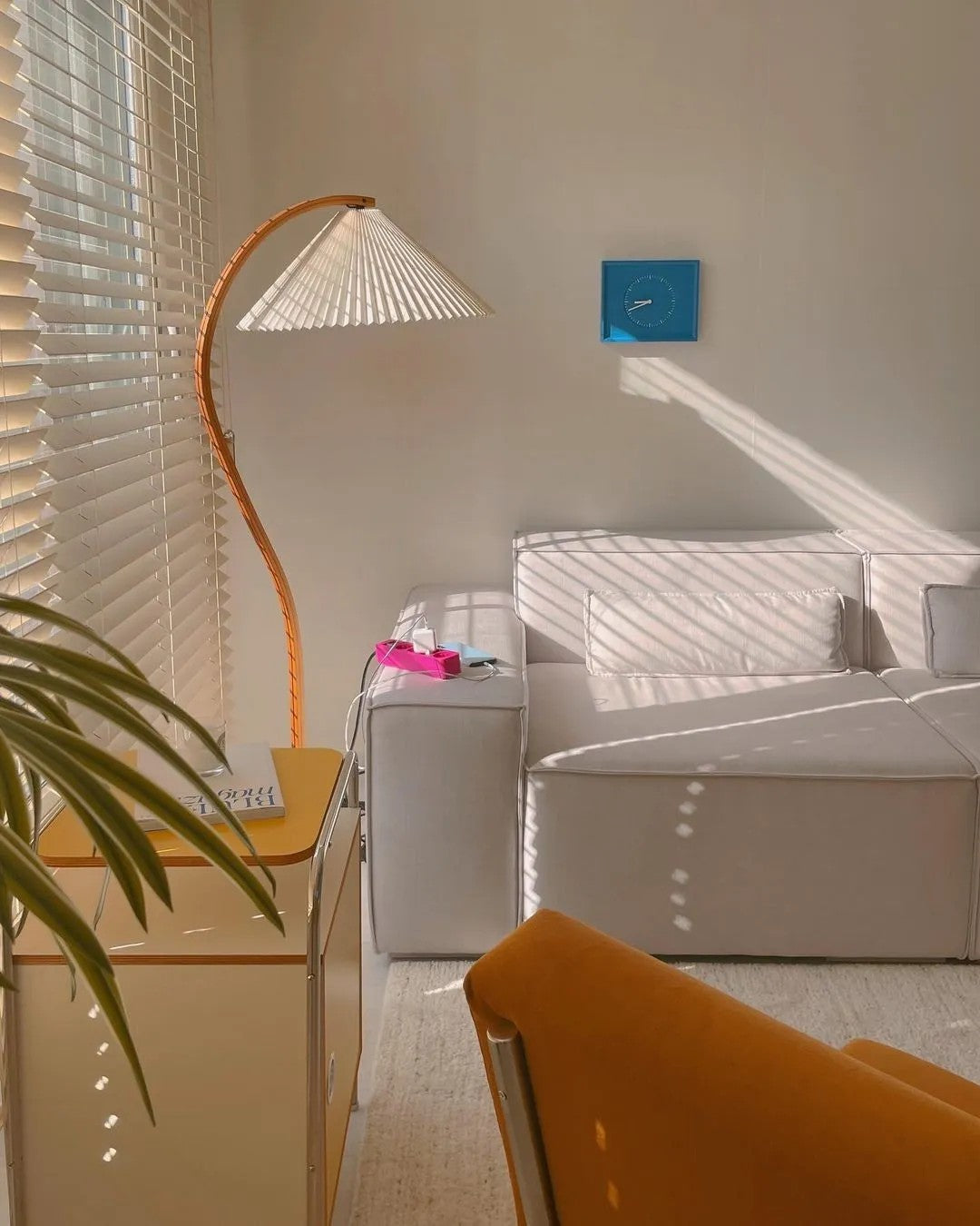 Arbora arc floor lamp in beech wood with pleated shade, Moktan Sabai plug-in lamp on Tampa Home & Garden Store