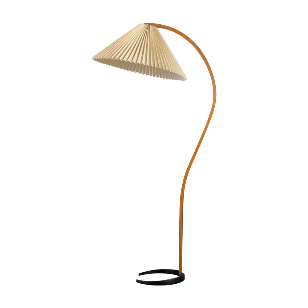 Arbora Arc Floor Lamp by Moktan Sabai with beech wood stem and pleated beige shade on Tampa Home & Garden Store