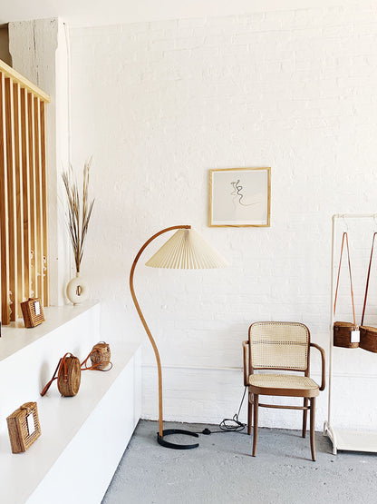 Arbora Arc Lamp in beech wood with pleated shade Moktan Sabai plug-in on Tampa Home & Garden Store