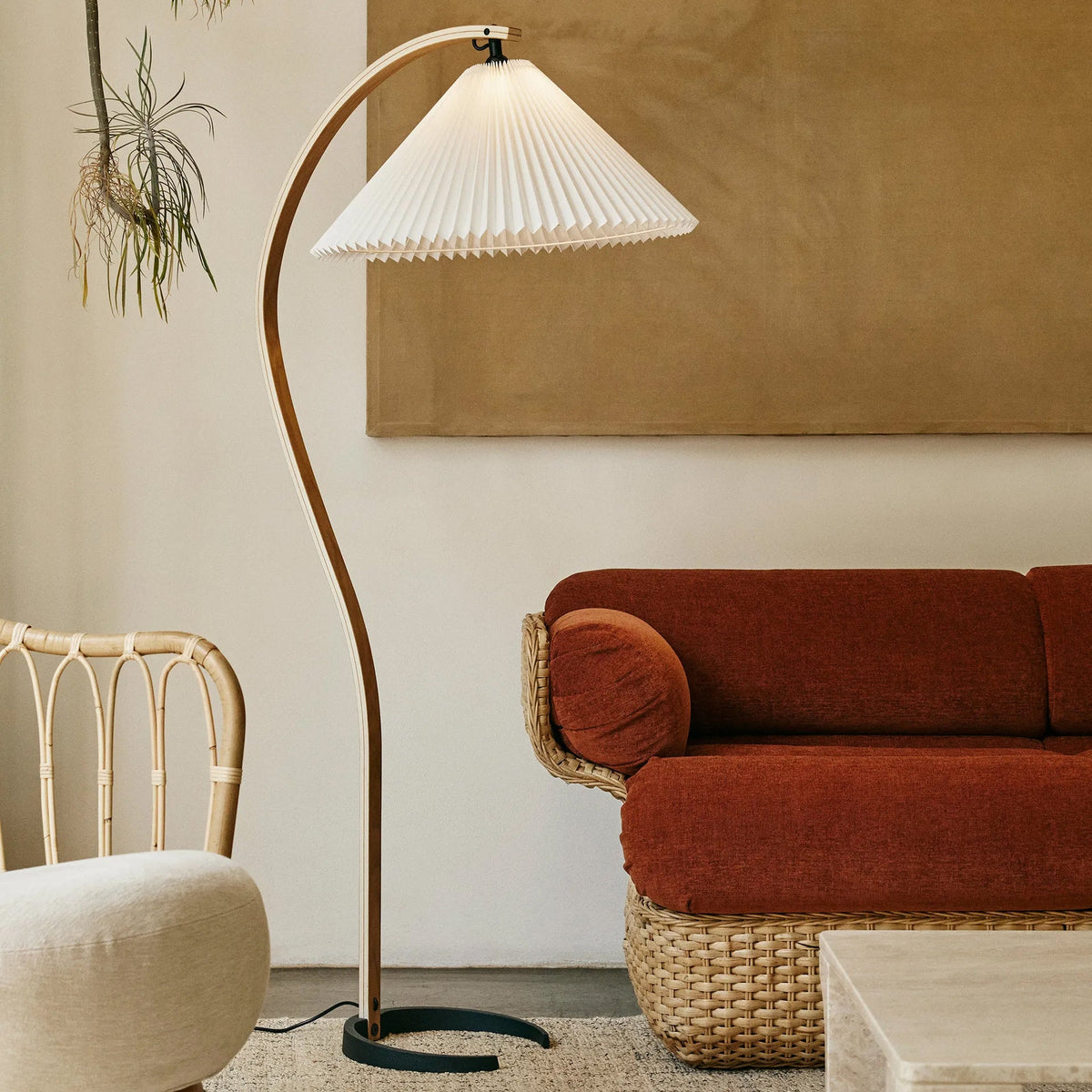 Arbora Arc Floor Lamp with beech wood arc and white pleated shade, plug-in lamp Moktan Sabai on Tampa Home & Garden Store