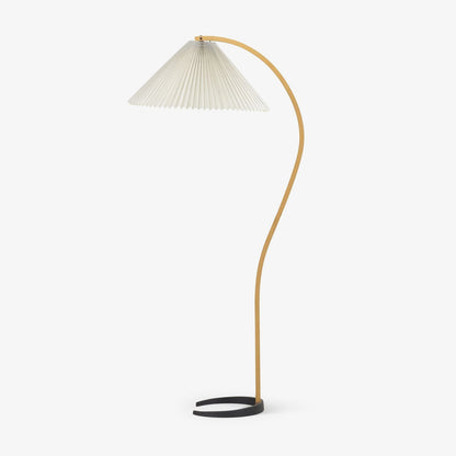 Arbora Arc Floor Lamp Moktan Sabai: beech wood curved stem, white pleated shade plug-in on Tampa Home & Garden Store