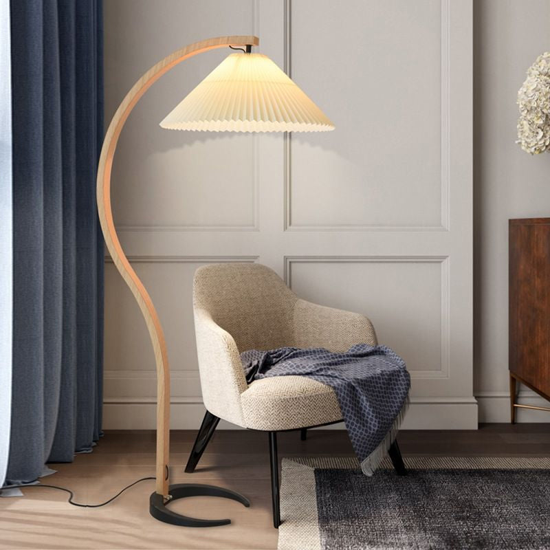 Arbora Arc Floor Lamp by Moktan Sabai, beech wood arc with pleated shade, plug-in on Tampa Home & Garden Store